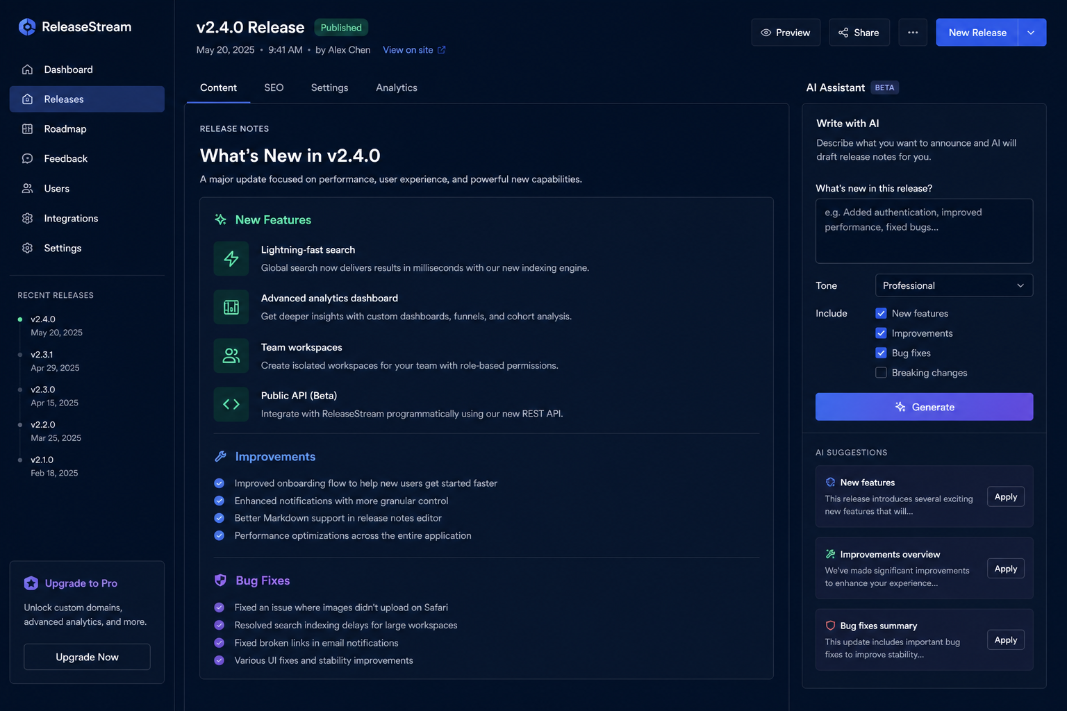 ReleaseNote AI dashboard showing changelog editor and AI release writer
